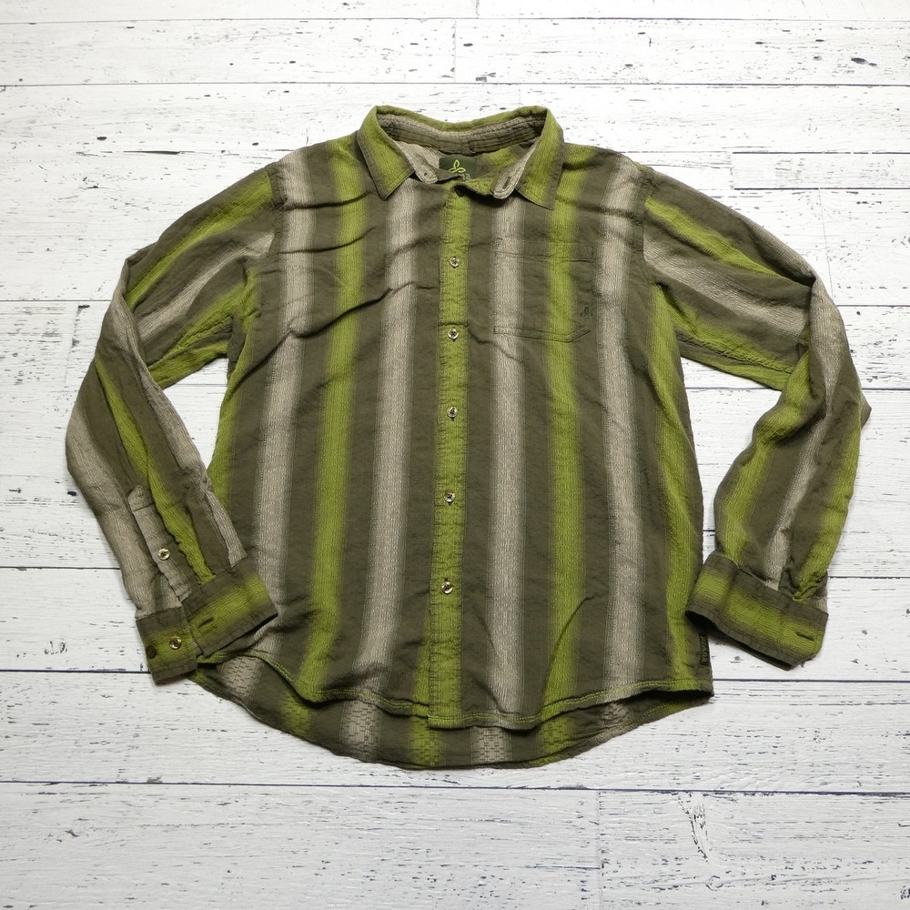 Prana Shirt Mens Large Green Brown Striped Long Sleeve Button Up‎ Casual Cotton
